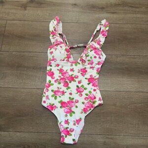 NEW Betsey Johnson Swimsuit Women’s Large‎ One-piece White Pink Floral V-neck